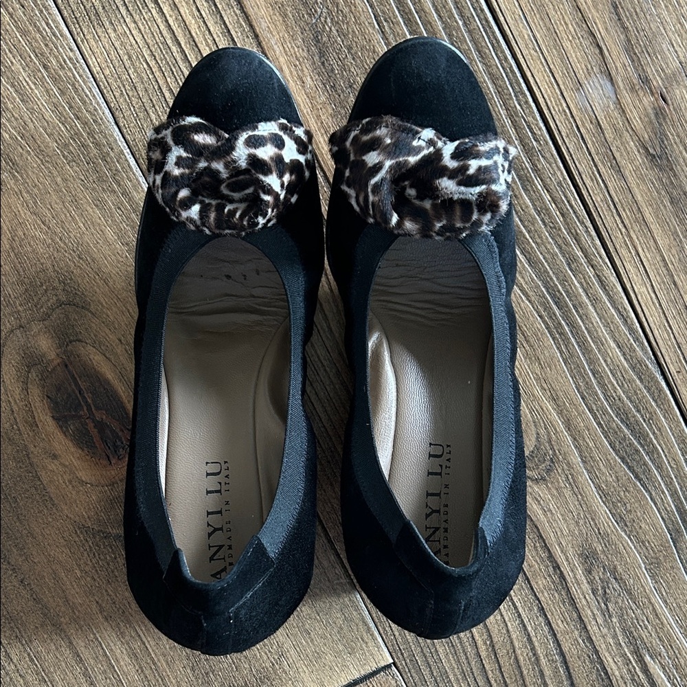 Anyi Lu Black Wedges with Leopard Accent